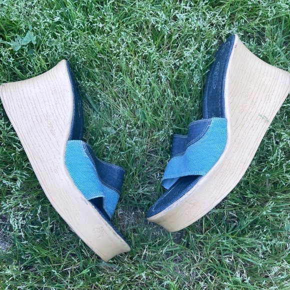 Lower East Side Vintage Y2K Denim Platform Wedge Heels - Picture 1 of 3
